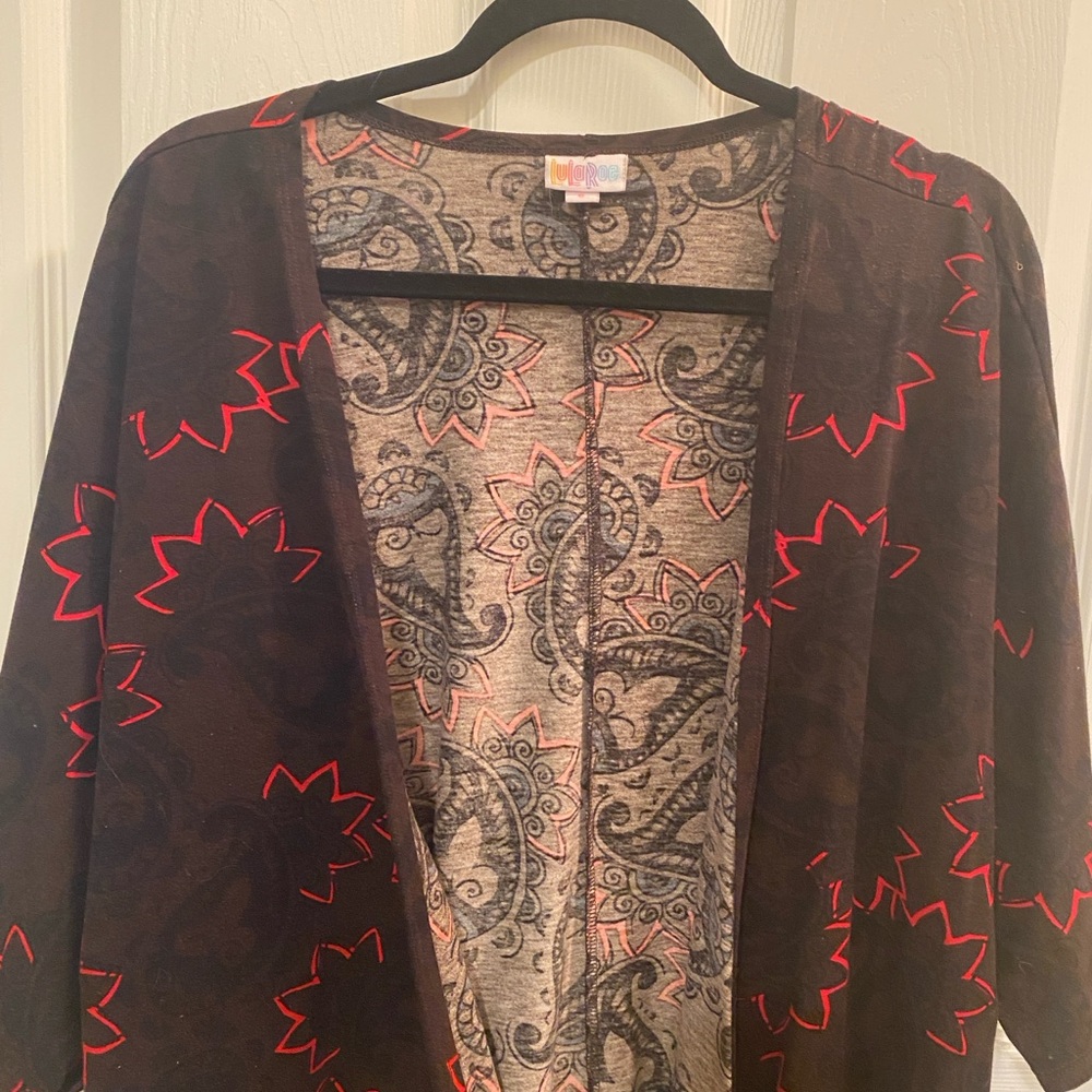 LuLaRoe Black and Red Cardigan Sweater with Bold Pattern